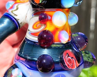 Handmade Sidecar Pipe | UV Reactive Glass, Large Opal | "Fuck Cancer", Rose & Rasta Peace Sign Millis| Neptunium Glass