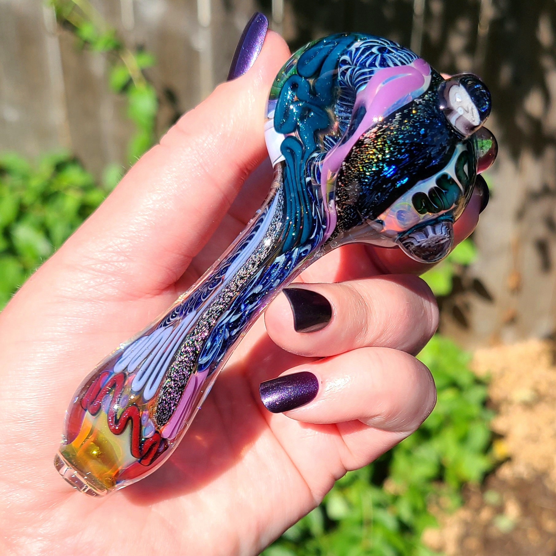 Inside Out Color Glass Spoon with Dichroic Bands, gold/silver fuming and milli options