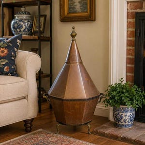 Antique Octagonal Copper and Brass Pagoda Form Lidded Coal or Kindling Bin | Large Copper Vessel