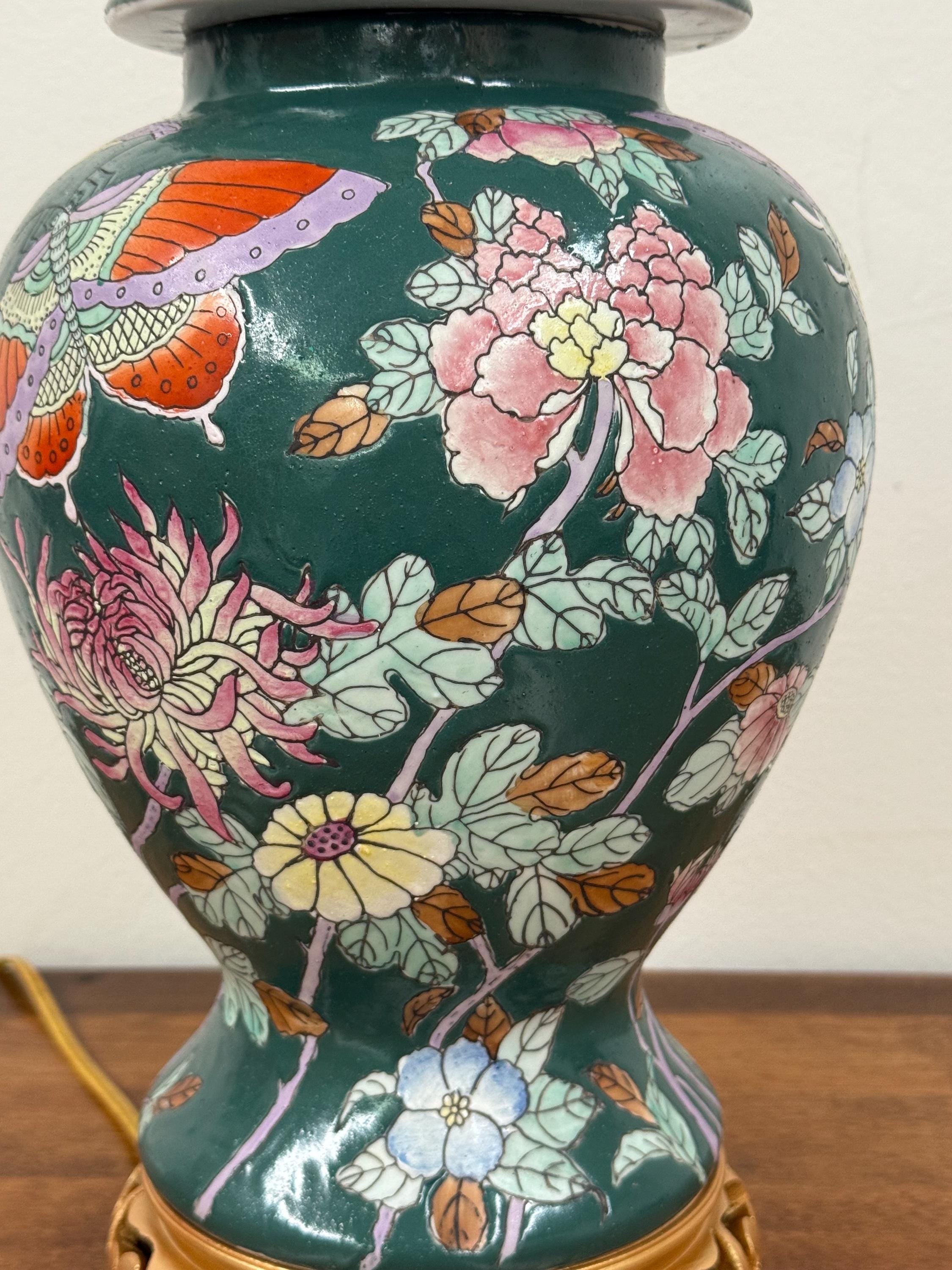Vintage Chinese Ginger Jar Lamp with Luna Moths and Flowers