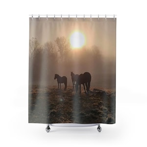 Horse Sunset Shower Curtain, Equestrian Bathroom Decor, Stallion Theme Bath Curtain, Equine Lover Gift, Western Home Accessories, Horseback