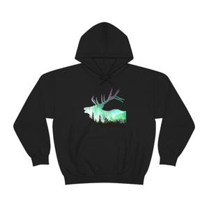 Northern Lights Elk Hoodie, Hooded Sweatshirt Men&#39;s and Women&#39;s
