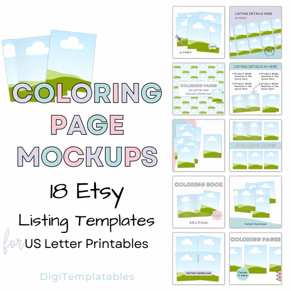 Coloring Book Printable Mockup, Etsy Listing Image Template, Soft Pastel Bundle, Digital Shop Downloadable Canva Mockup, US Letter Page Size