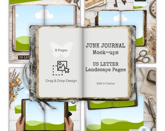 Junk Journal Mockup, Etsy Listing Template, US Letter Landscape Page, Drag and Drop Design