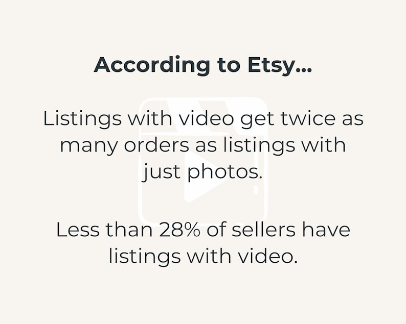 According to Etsy, listings with video get twice as many orders as listings with just photos.  Less than 28% of sellers have listings with video.
