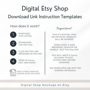 Pode incluir: Um modelo de instru&ccedil;&otilde;es digitais para uma loja Etsy com o texto Digital Etsy Shop Download Link Instruction Templates. Descreve um processo de quatro etapas e notas importantes sobre o acesso a ficheiros e edi&ccedil;&atilde;o no Canva.