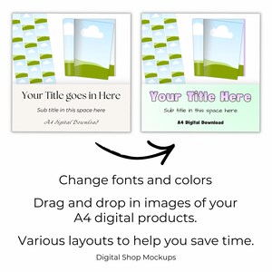 Image showing the colors and fonts changed in the A4 digital product mockup templates.  Drag and drop in images of your A4 digital products.  The A4 template bundle includes various layouts to help save time in the Etsy listing process.  The digital product mockups can be edited in Canva.
