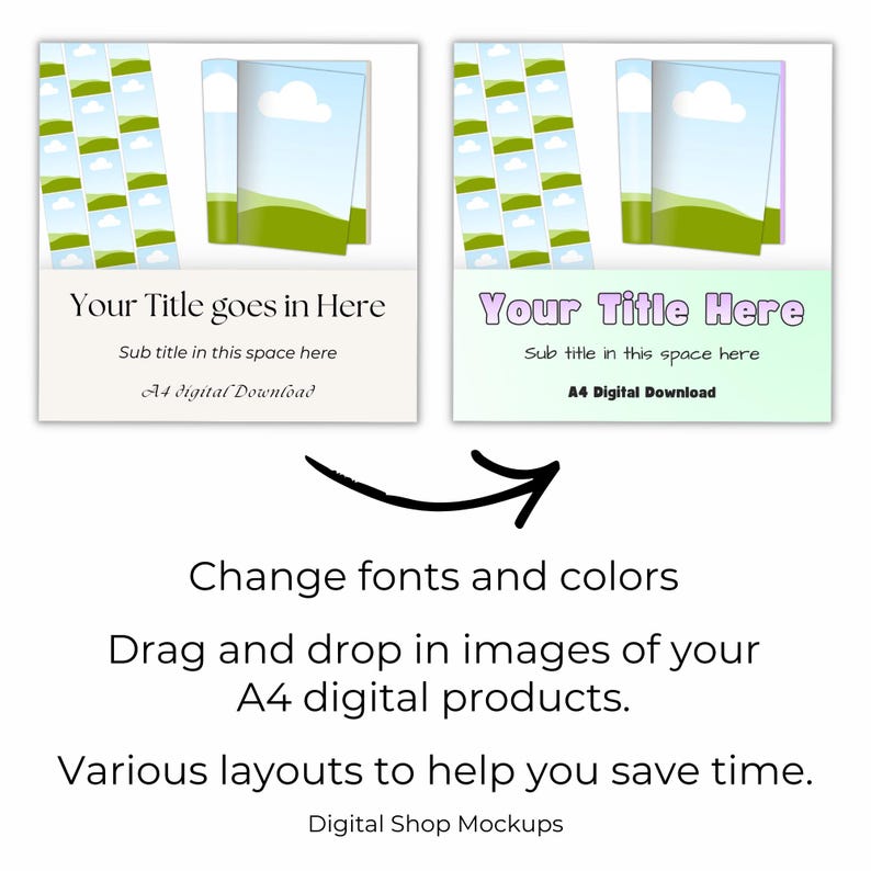 Image showing the colors and fonts changed in the A4 digital product mockup templates.  Drag and drop in images of your A4 digital products.  The A4 template bundle includes various layouts to help save time in the Etsy listing process.  The digital product mockups can be edited in Canva.