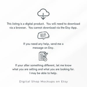 May include: A digital product information graphic featuring a cloud download icon, a speech bubble with the text HELP!, and a document icon with a pencil. The text explains download instructions, support contact, and custom request options for Etsy.