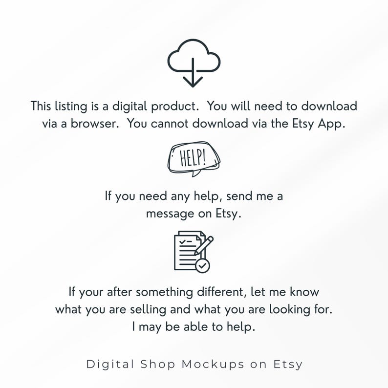 May include: A digital product information graphic featuring a cloud download icon, a speech bubble with the text HELP!, and a document icon with a pencil. The text explains download instructions, support contact, and custom request options for Etsy.