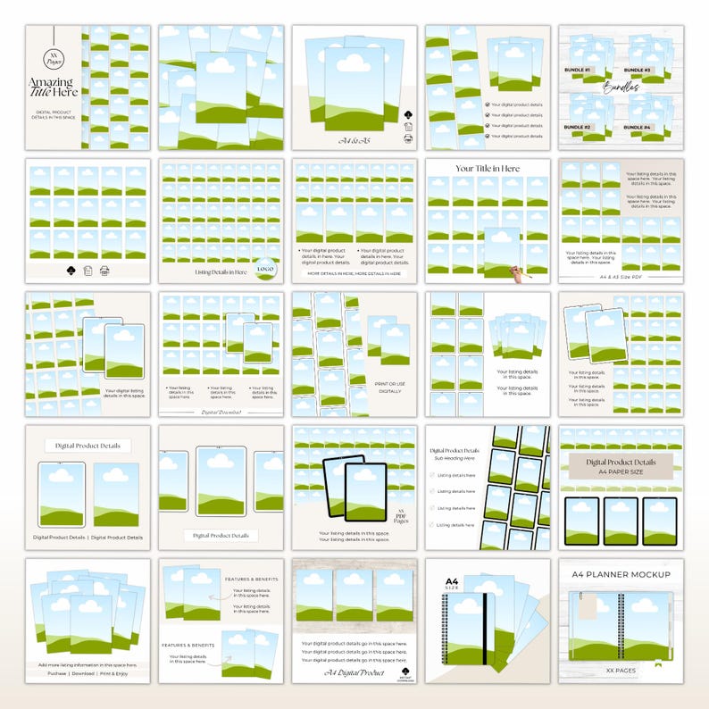 Showing 25 of the 90 Etsy Mockup template pages for A4 digital product mockups.  Neutral designs that can be edited and customized in Canva to suit your digital product branding.