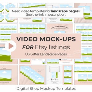 May include: A collection of digital shop mockup templates for Etsy listings. The image features various landscape page mockups with a sky and green landscape design. Text includes "Video Mock-Ups for Etsy listings" and "US Letter Landscape Pages."