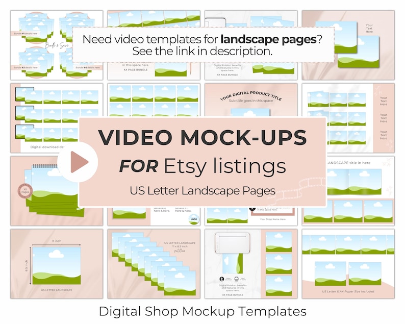 May include: A collection of digital shop mockup templates for Etsy listings. The image features various landscape page mockups with a sky and green landscape design. Text includes "Video Mock-Ups for Etsy listings" and "US Letter Landscape Pages."