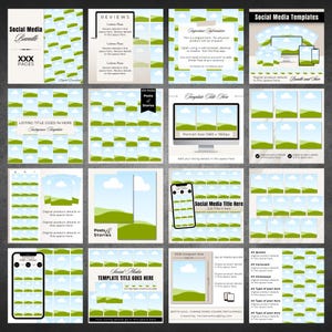 May include: A digital social media template bundle featuring sixteen square layouts with a repeating green hill and blue sky pattern. The templates include placeholders for text, images, and branding, designed for use in various social media formats.