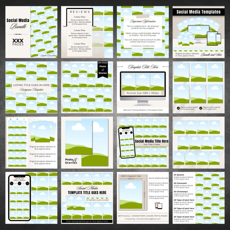 May include: A digital social media template bundle featuring sixteen square layouts with a repeating green hill and blue sky pattern. The templates include placeholders for text, images, and branding, designed for use in various social media formats.