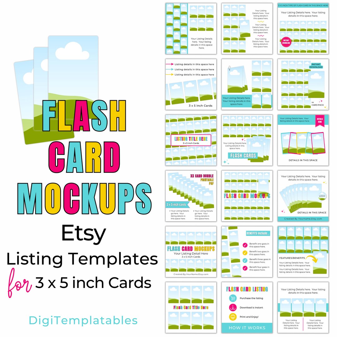 Flashcard Colorful Mockup, 3x5 Inch Printable Card Mock Up, Digital ...