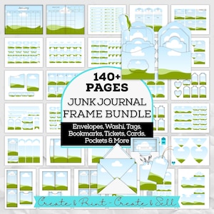May include: A digital junk journal frame bundle featuring 140+ pages of printable stationery. The collection includes envelopes, washi tape, tags, bookmarks, tickets, cards, and pockets, all decorated with a blue sky and green hill pattern.