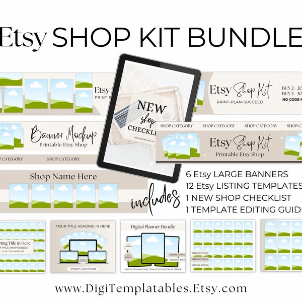 Kit de la boutique Etsy, liste de maquettes, maquette en téléchargement numérique, modèle modifiable par glisser-déposer, boutique numérique Etsy grande bannière
