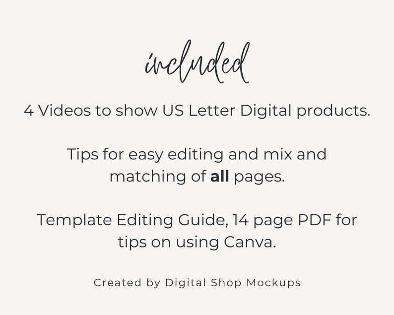 Included in the video mockup template bundle are 4 videos, tips for editing the video templates, and a  Template Editing Guide 14 page PDF.