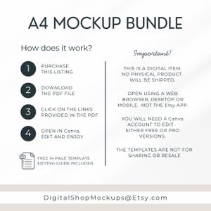 The A4 Mockup Bundle is a digital product.  You will need a Canva account to edit and customize the A4 Mockup Bundle.  Download is instant after purchasing the A4 Mockup Bundle.  The A4 digital product mockup bundle is not for resale.  Template Editing Guide is included.  Designed and created by Digital Shop Mockups on Etsy.
