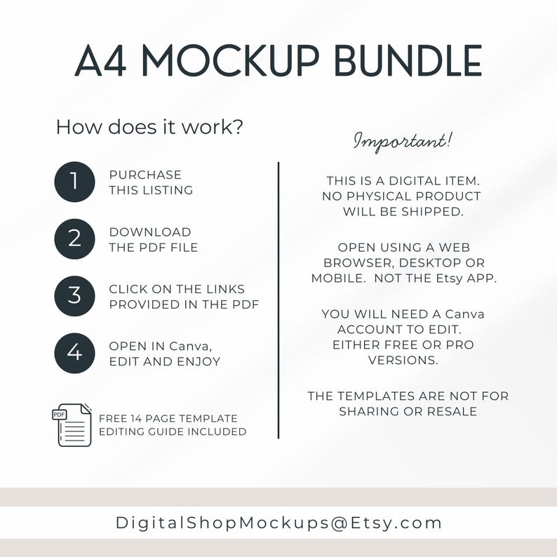The A4 Mockup Bundle is a digital product.  You will need a Canva account to edit and customize the A4 Mockup Bundle.  Download is instant after purchasing the A4 Mockup Bundle.  The A4 digital product mockup bundle is not for resale.  Template Editing Guide is included.  Designed and created by Digital Shop Mockups on Etsy.