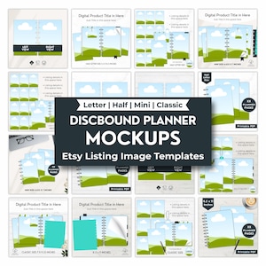 May include: A collection of discbound planner mockups featuring various sizes including Letter, Half, Mini, and Classic. The templates display blue sky and green hill graphics with text placeholders for digital product titles and listing details.
