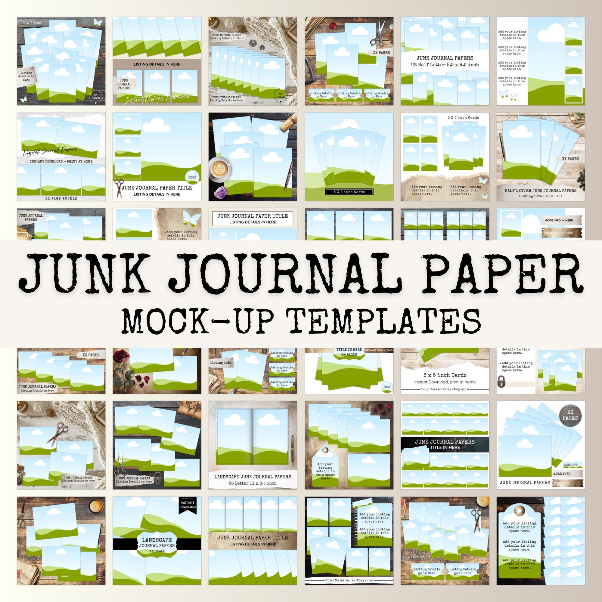 Digital Junk Journal Page Mockup, Drag & Drop Etsy Listing Template, Digital Download Mockup Bundle, 5x7 Printable Card US Letter Landscape