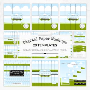May include: A selection of digital paper mockups with a sky and grass theme. The image features templates with the text "Listing Title" and "Digital Paper Mockups - 20 Templates". The mockups are designed for square digital paper packs.