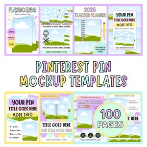 May include: A collection of Pinterest pin mockup templates with various designs. The templates include flashcards, affirmation cards, a teacher planner, and other promotional graphics. Each template features space for text and images, with a pastel color scheme.
