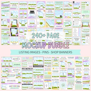 Peut inclure: Un ensemble de maquettes numériques comprenant plus de 240 pages de modèles pour images de fiches produits, épingles et bannières de boutique. La collection présente un fond paysager vert clair avec des nuages et des accents violets.
