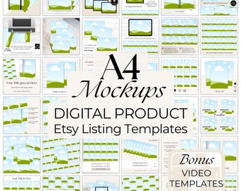 A4 Digital Download Mockup Templates, Etsy Listing Images for Printables, Drag and Drop Canva Editable Bundle, Digital Shop Mockups