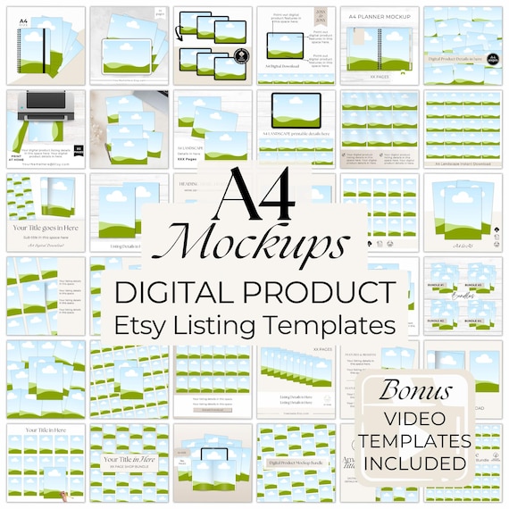 A4 Digital Download Mockup Templates, Etsy Listing Images for Printables, Drag and Drop Canva Editable Bundle, Digital Shop Mockups