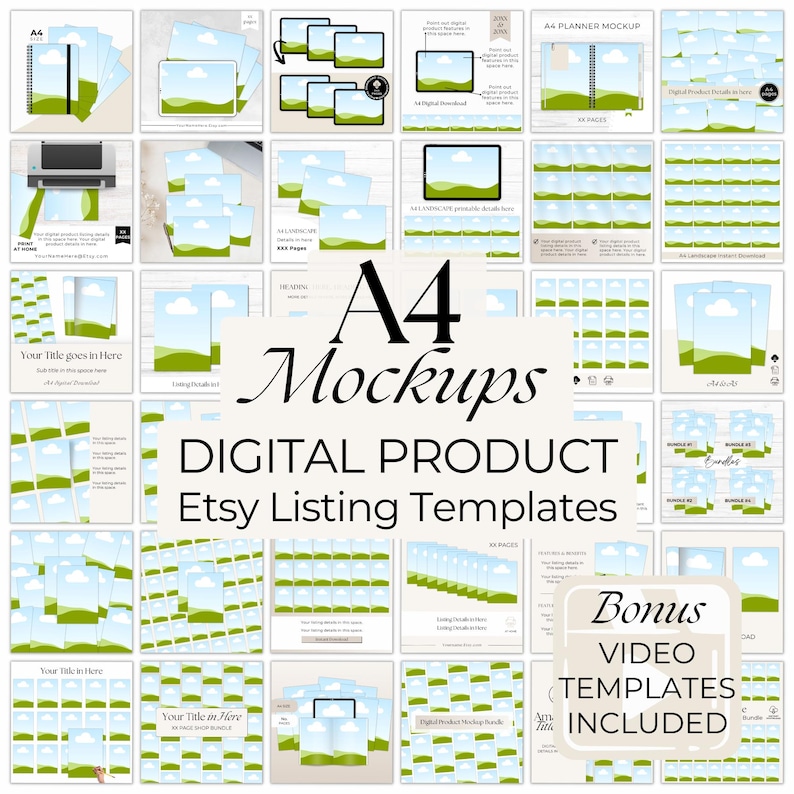 A4 Mockup templates for digital product sellers.  Includes Etsy listing templates and Etsy listing video templates for Etsy sellers selling digital products in A4 size.  Edit and customize the A4 digital product mockup templates in Canva.