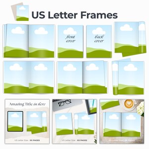 US Letter size book and paper frames for Canva.  Plus 3 mockup scenes for digital product in US Letter portrait layout.  Edit and customize in Canva.