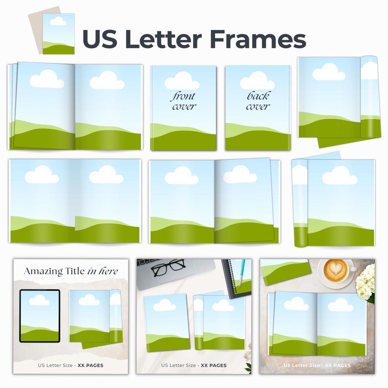 US Letter size book and paper frames for Canva.  Plus 3 mockup scenes for digital product in US Letter portrait layout.  Edit and customize in Canva.