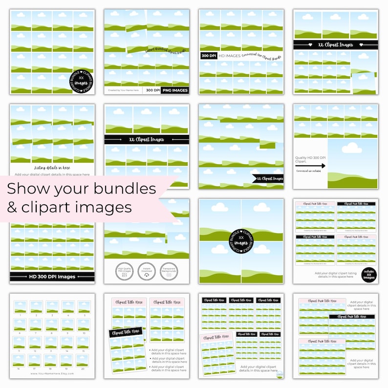 Mockups to show your clipart bundles in your Etsy listing images.  Drag and drop design, multiple layouts to show your clipart designs.  Edit and customize the drag and drop Clipart mockups in Canva.
