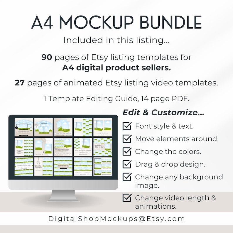 The A4 Mockup Bundle includes 90 pages of Etsy listing templates for A4 digital products.  27 pages of animated Etsy listing video templates.  1 Template Editing Guide, 14 page PDF.  Edit and customize in Canva.  Change the font style and text.  Move elements around.  Change the colors.  Drag and drop in images of your A4 digital products.  Change any background image.  Edit the video length and animations.  Templates created by Digital Shop Mockups on Etsy.