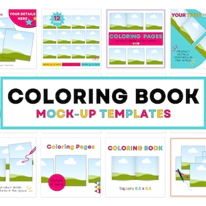 Bozza di libro da colorare quadrato, pagina di copertina 8,5 x 8,5, modello di rivista Canva, espositore per libri aperti, immagini di inserzioni Etsy quadrate colorate