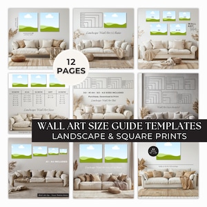 Plantilla de guía de tallas de arte mural con paisajes, tabla de tallas de arte mural cuadrado, guía de tallas de arte mural digital, paquete de maquetas de Canva
