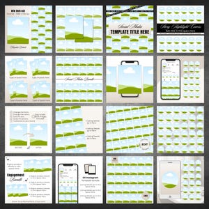 May include: A digital social media template bundle featuring a landscape graphic of green hills under a blue sky with white clouds. The collection includes various layouts for posts, story highlight covers, and profile mockups with editable text fields.