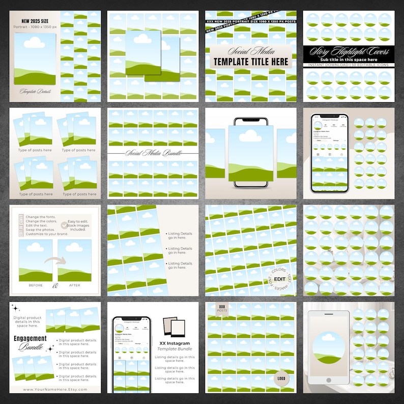 May include: A digital social media template bundle featuring a landscape graphic of green hills under a blue sky with white clouds. The collection includes various layouts for posts, story highlight covers, and profile mockups with editable text fields.