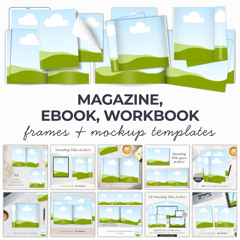Magazine, ebook, workbook Canva mockup frames and mockup scene templates for adverting digital products.