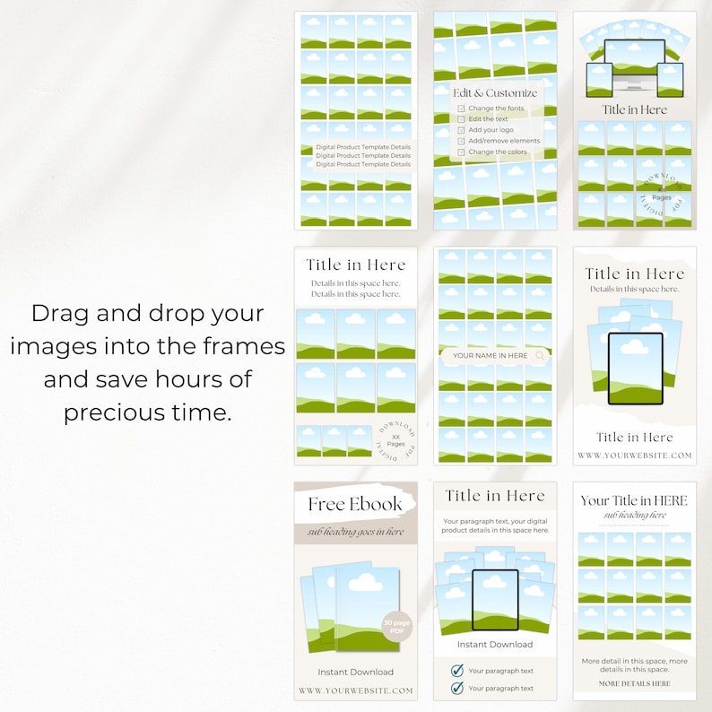 Drag and drop your images into the frames and save hours of precious time.  The images of the pages on this page are for story size 1080 x 1920 px.