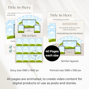 Availiable in two sizes. Social media story and video size 1080 x 1930 px and Instagram Portrait size 1080 x 1350 px.  All pages are animated so you can create either a video or use the pages to create social media posts.