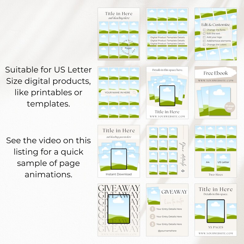 The digital product mockup templates are suitable for US Letter size digital products like printables and templates.  The video in this listing is a quick sample of the page animations.  Images on this page are for the portrait instagram size.