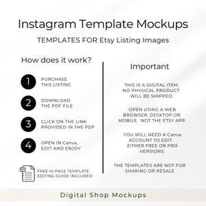 May include: A digital informational graphic titled Instagram Template Mockups for Etsy Listing Images. It outlines a four-step process: purchase, download, click the link, and open in Canva. It notes the item is digital and requires a Canva account.