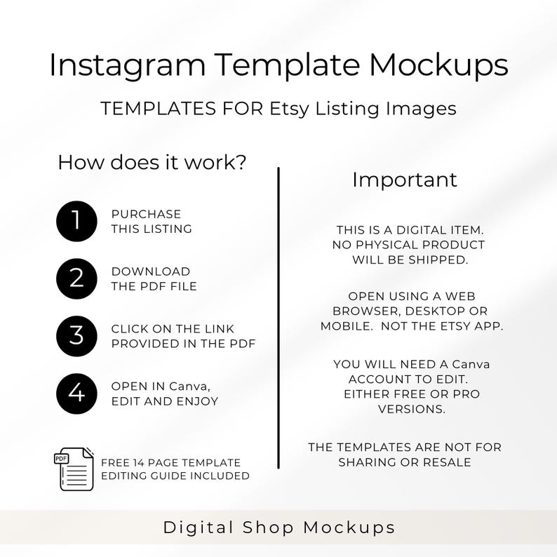 May include: A digital informational graphic titled Instagram Template Mockups for Etsy Listing Images. It outlines a four-step process: purchase, download, click the link, and open in Canva. It notes the item is digital and requires a Canva account.