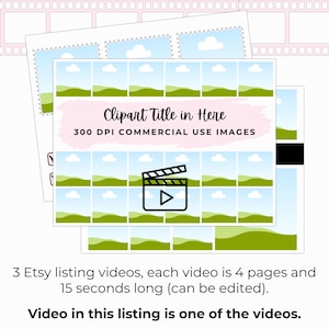 The clipart mockup bundle includes 3 Etsy listing videos, each 4 pages long.  Add a video to your clipart Etsy listing.  Animated video templates for ciipart bundles can be edited in Canva.