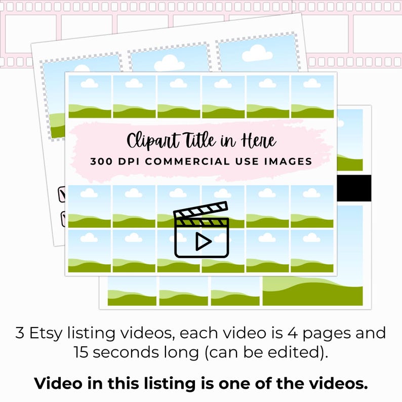 The clipart mockup bundle includes 3 Etsy listing videos, each 4 pages long.  Add a video to your clipart Etsy listing.  Animated video templates for ciipart bundles can be edited in Canva.