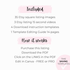The clipart mockup bundle includes, 35 Etsy square listing image templates, 3 Etsy listing 15 second videos, 4 download clipart instruction templates and one Canva Template Editing Guide 14 page PDF.